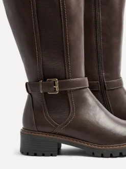 Marron - Linzi Bottes dorées à tige haute avec panneau latéral extensible et boucle