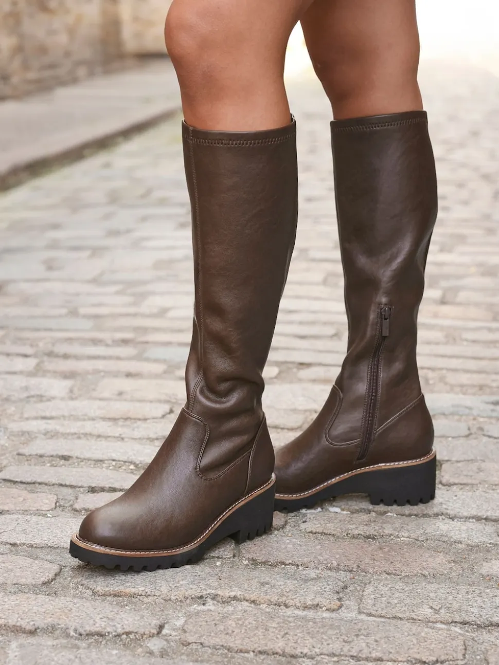 Marron - Linzi résistantes aux bottes compensées hautes stretch