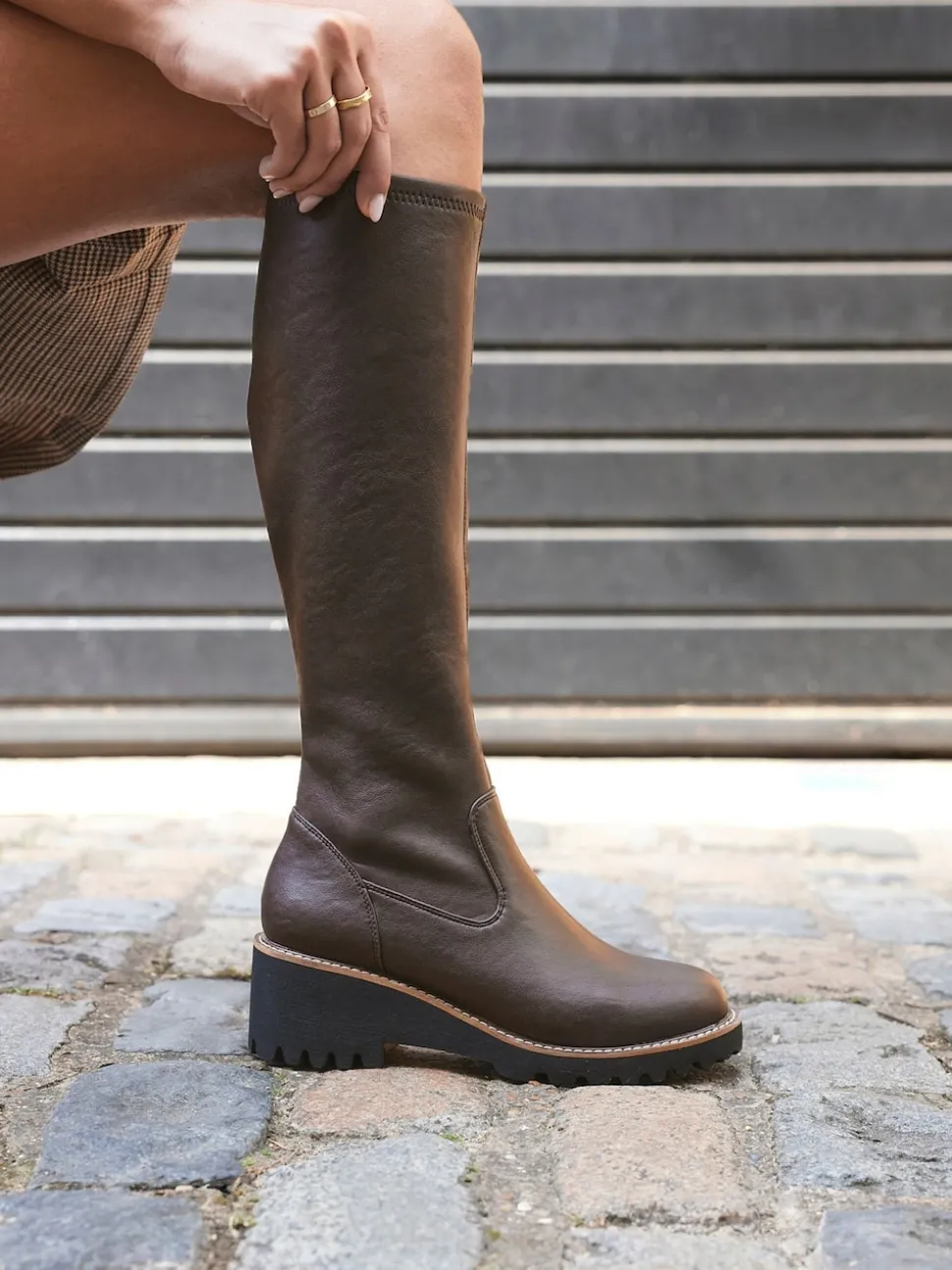 Marron - Linzi résistantes aux bottes compensées hautes stretch