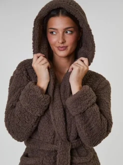 Marron - Loungeable Chunky Sherpa À capuche Midaxi Peignoirs