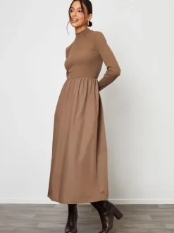 Marron - Mini-robe Threadbare 2 en 1 en jersey en popeline mélangée à col montant