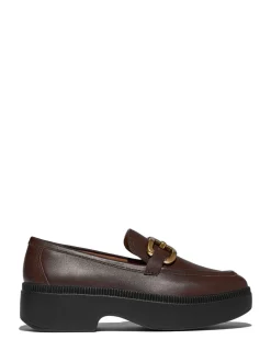 Marron - Mocassins compensés en cuir à chaîne carrée FitFlop F-Luna