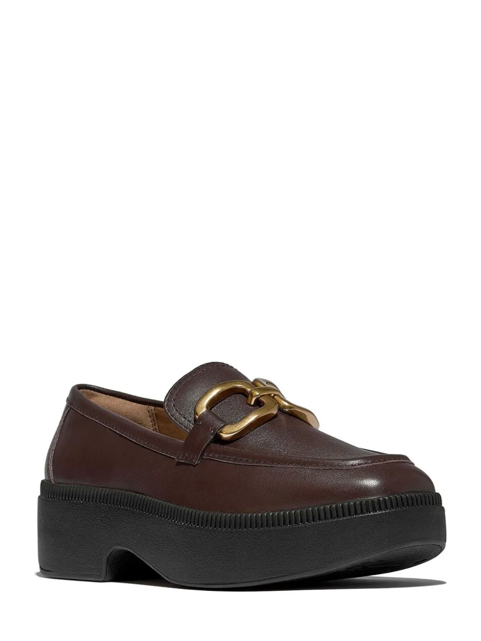 Marron - Mocassins compensés en cuir à chaîne carrée FitFlop F-Luna