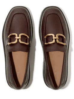 Marron - Mocassins compensés en cuir à chaîne carrée FitFlop F-Luna