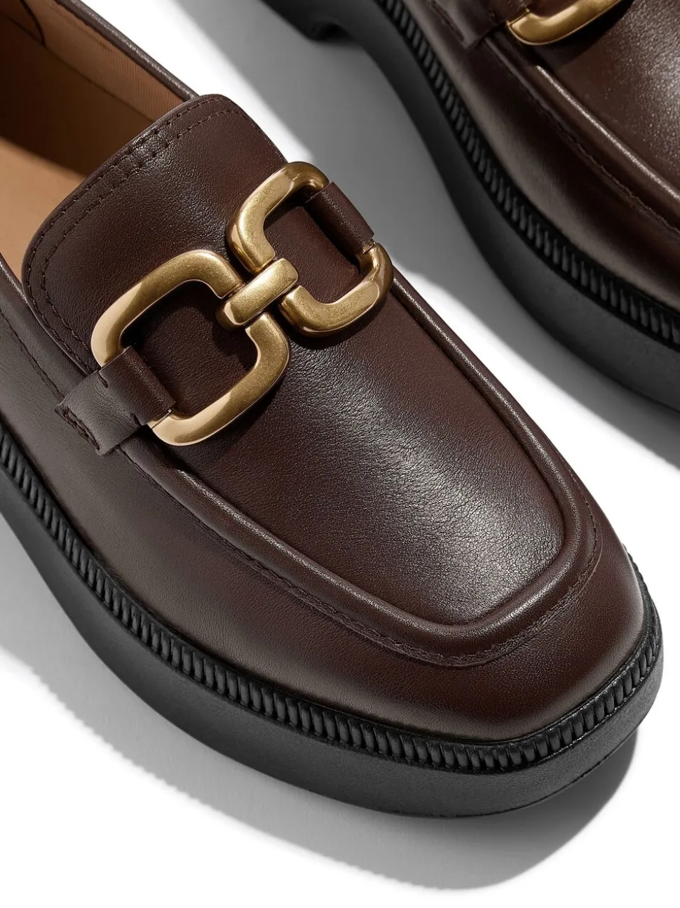 Marron - Mocassins compensés en cuir à chaîne carrée FitFlop F-Luna