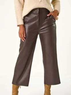 Marron - Pantalon Roman Imitation Cuir Large Raccourci