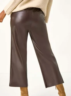 Marron - Pantalon Roman Imitation Cuir Large Raccourci