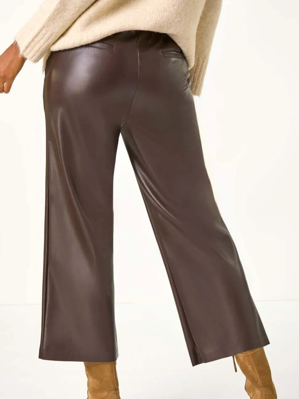 Marron - Pantalon Roman Imitation Cuir Large Raccourci