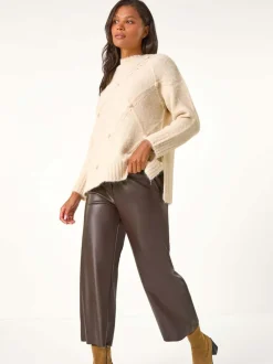Marron - Pantalon Roman Imitation Cuir Large Raccourci