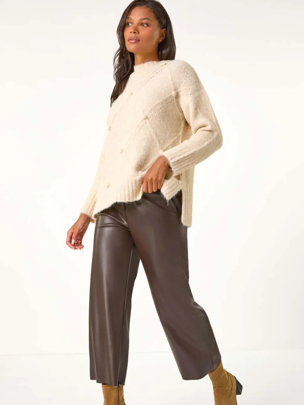Marron - Pantalon Roman Imitation Cuir Large Raccourci