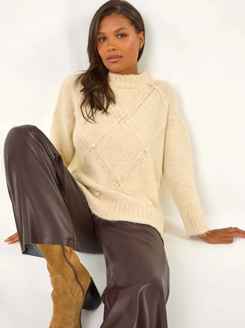 Marron - Pantalon Roman Imitation Cuir Large Raccourci