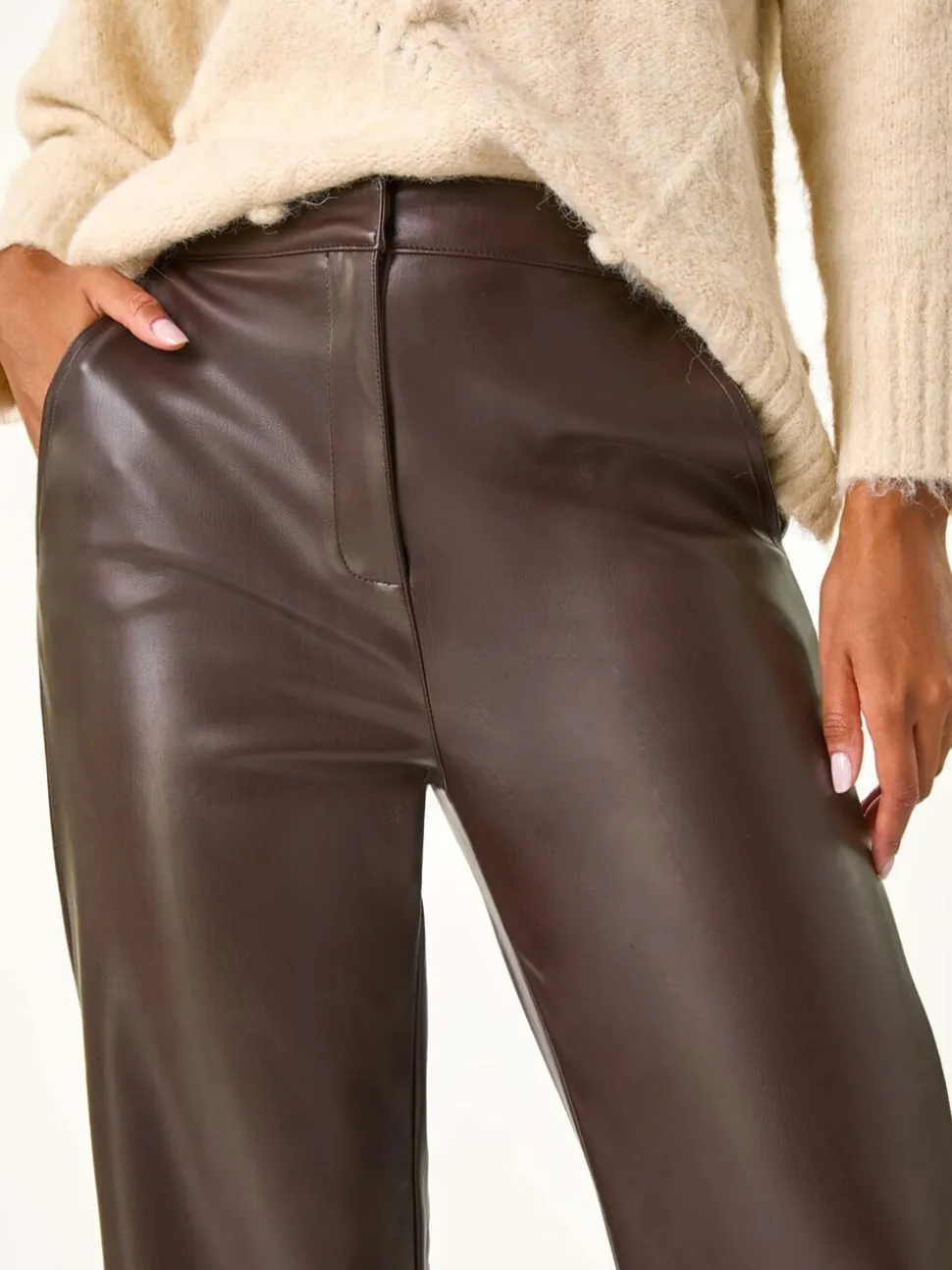 Marron - Pantalon Roman Imitation Cuir Large Raccourci