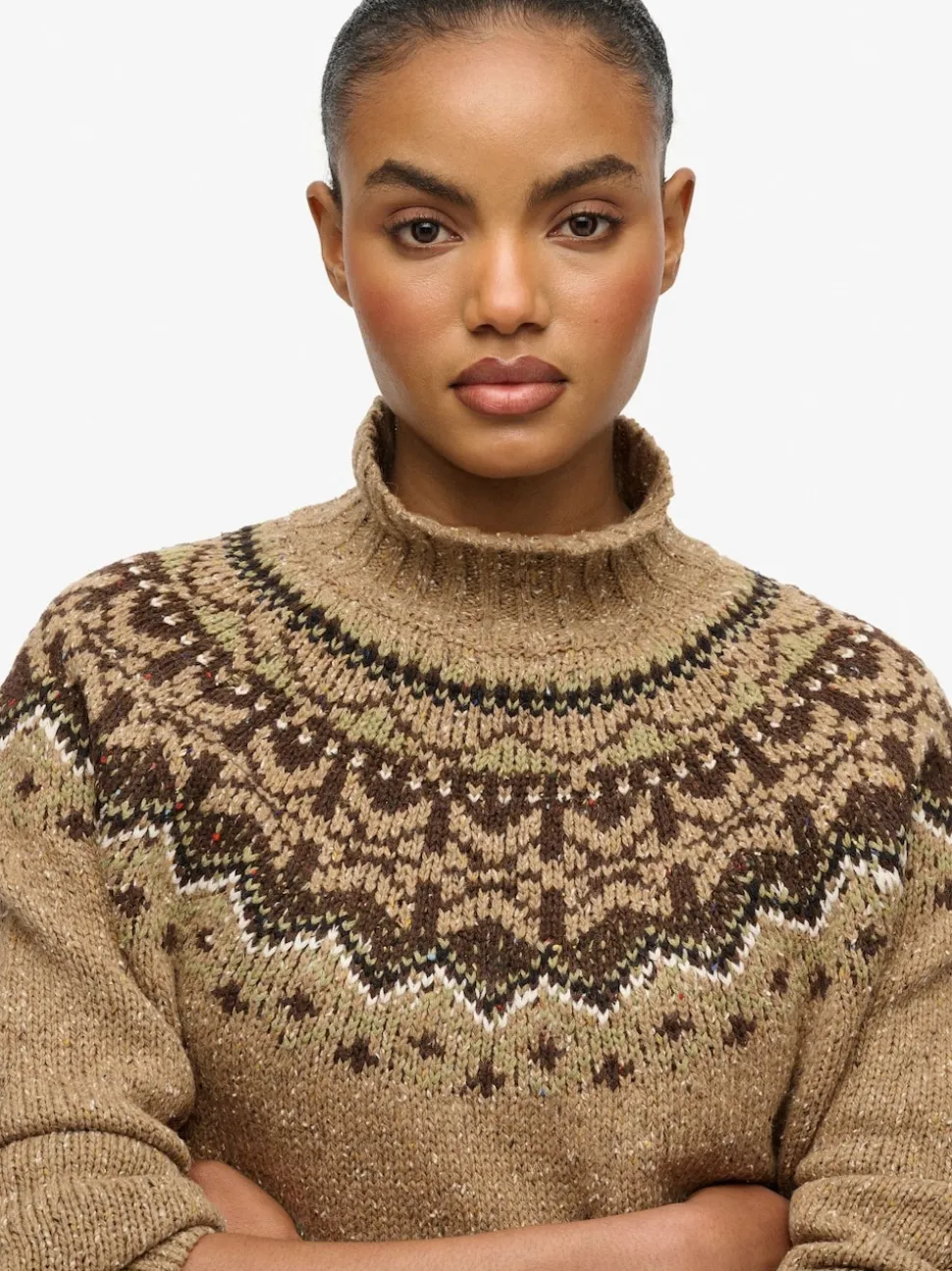 Marron - Pull Superdry à Col montant à Motif Fair Isle