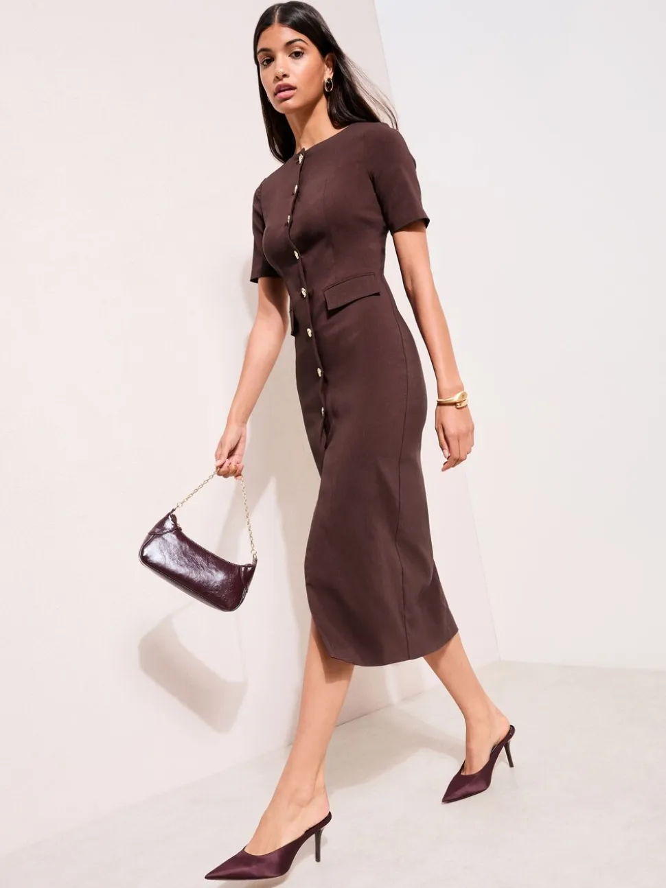 Marron - Robe mi-long Friends Like These extensible sculptante à boutons