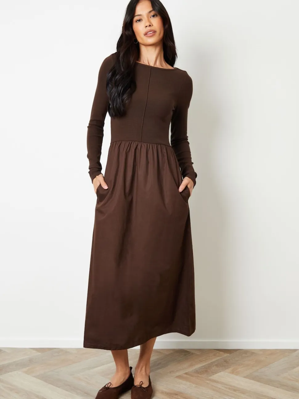 Marron - Robe Threadbare 2en jersey à manches longues1 en popeline mélangée à col coupé