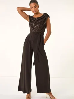 Marron - Roman Sequin Bodice Col bénitier Combinaison