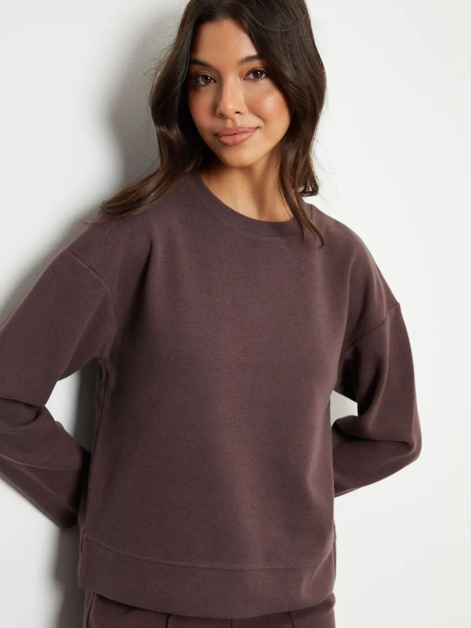 Marron - Sweat-shirt Threadbare côtelé confortable décontracté
