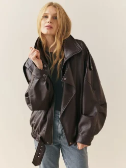 Marron - Veste de motard à col entonnoir en similicuir Nothing Ordinary