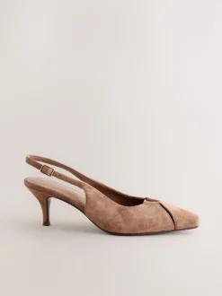 Marron chameau - Chaussures à talons à bride arrière en cuir et détails découpés