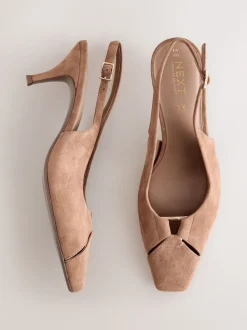 Marron chameau - Chaussures à talons à bride arrière en cuir et détails découpés