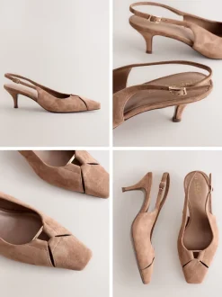 Marron chameau - Chaussures à talons à bride arrière en cuir et détails découpés