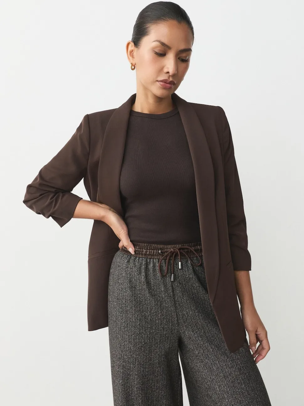Marron chocolat - Blazer décontracté à manches froncées