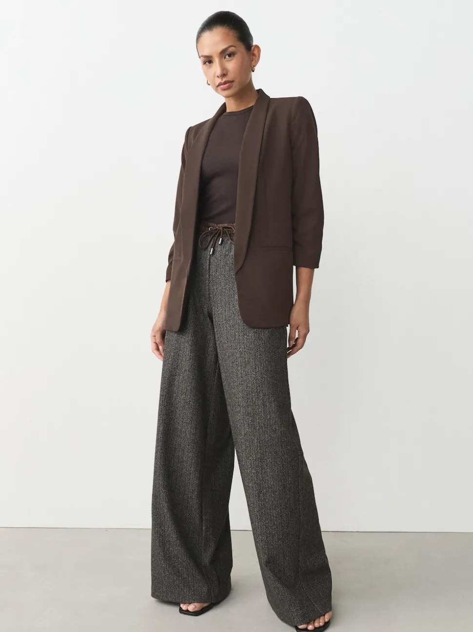 Marron chocolat - Blazer décontracté à manches froncées