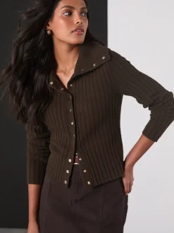 Marron chocolat - Cardigan Or à col côtelé à boutons