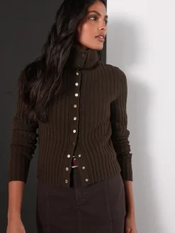 Marron chocolat - Cardigan Or à col côtelé à boutons