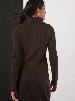 Marron chocolat - Cardigan Or à col côtelé à boutons