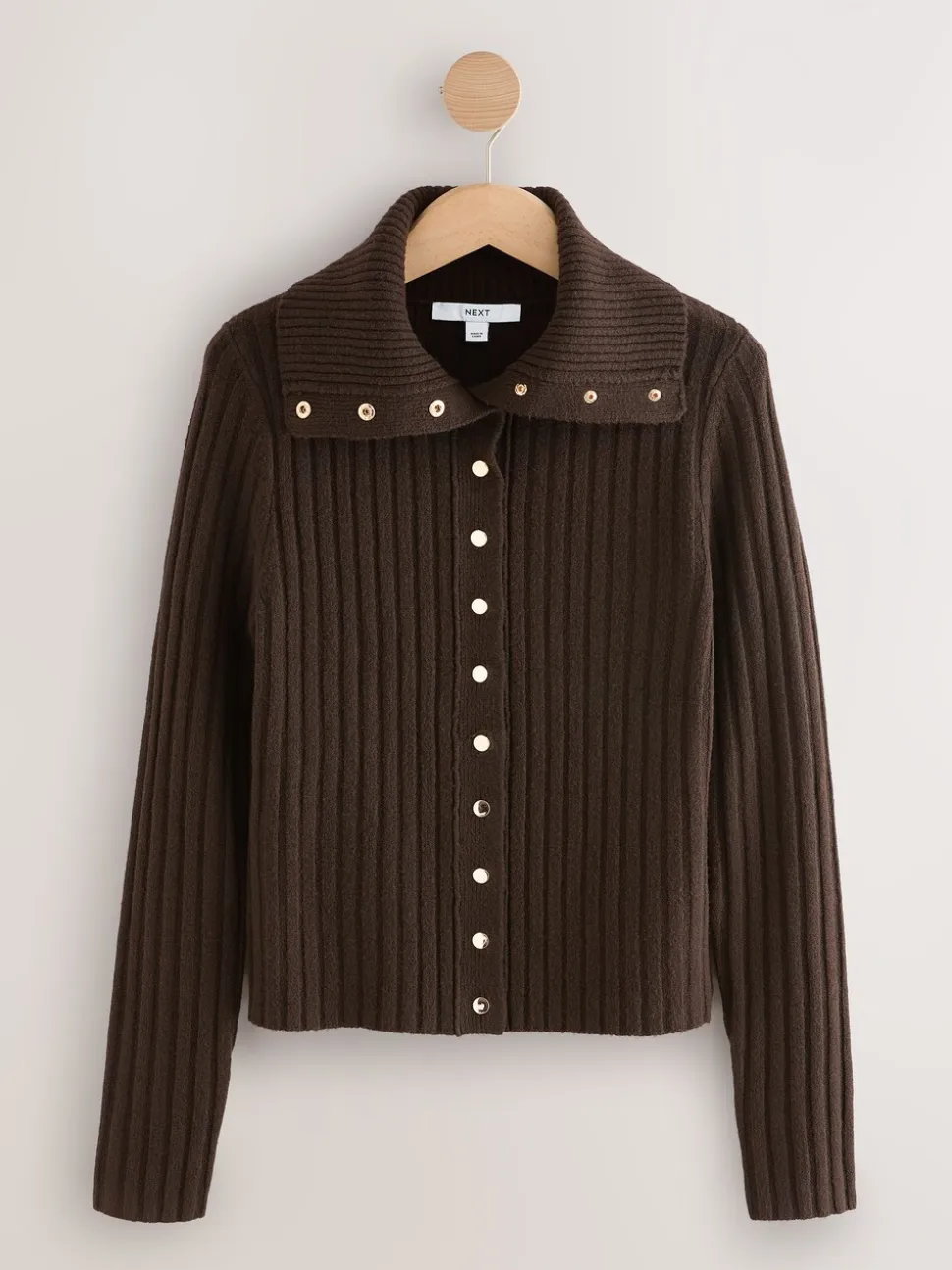 Marron chocolat - Cardigan Or à col côtelé à boutons