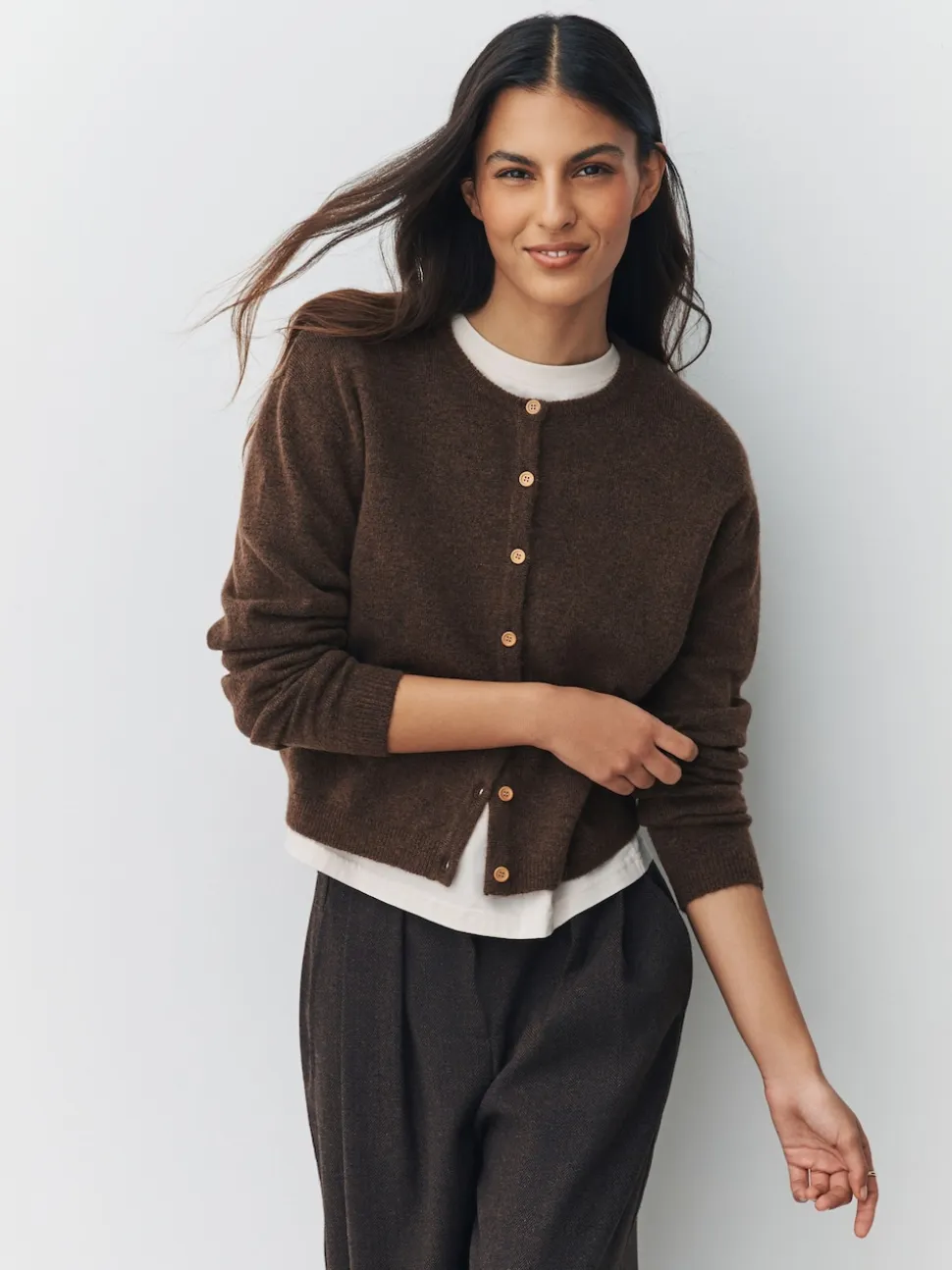 Marron chocolat - Cardigan tricoté à Col rond en laine
