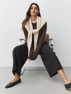 Marron chocolat - Cardigan tricoté à Col rond en laine