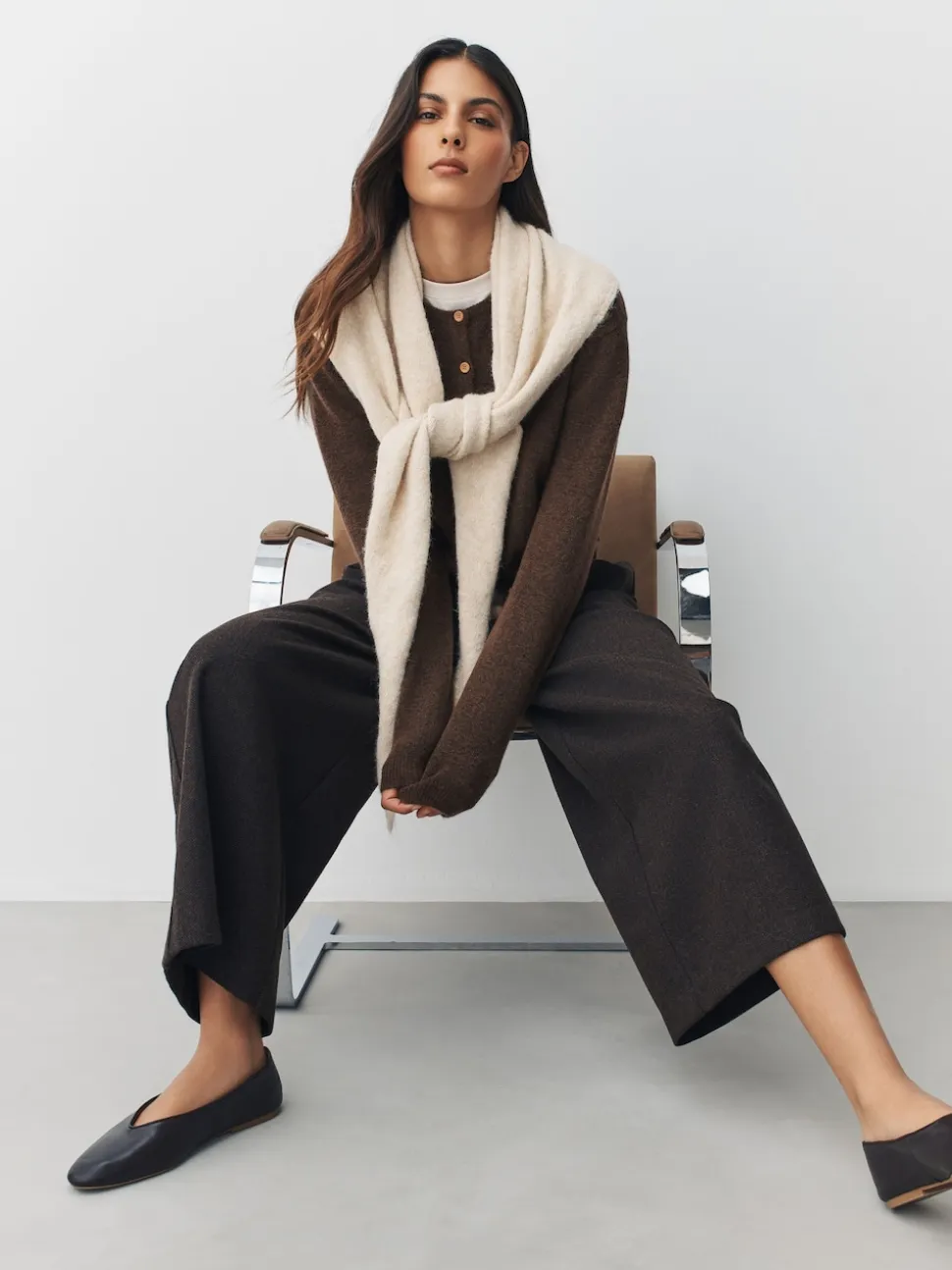 Marron chocolat - Cardigan tricoté à Col rond en laine