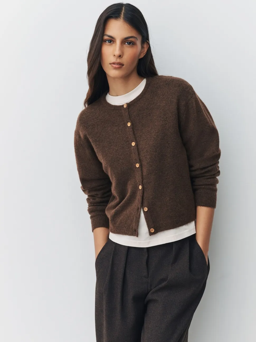 Marron chocolat - Cardigan tricoté à Col rond en laine