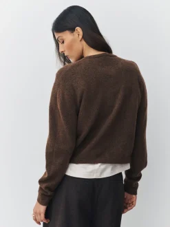 Marron chocolat - Cardigan tricoté à Col rond en laine