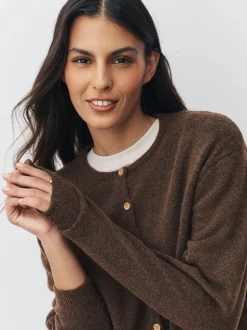 Marron chocolat - Cardigan tricoté à Col rond en laine