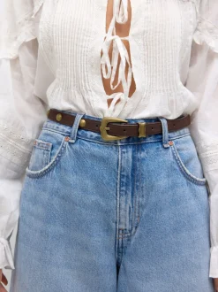 Marron chocolat - Ceinture fine à clous dôme en PU