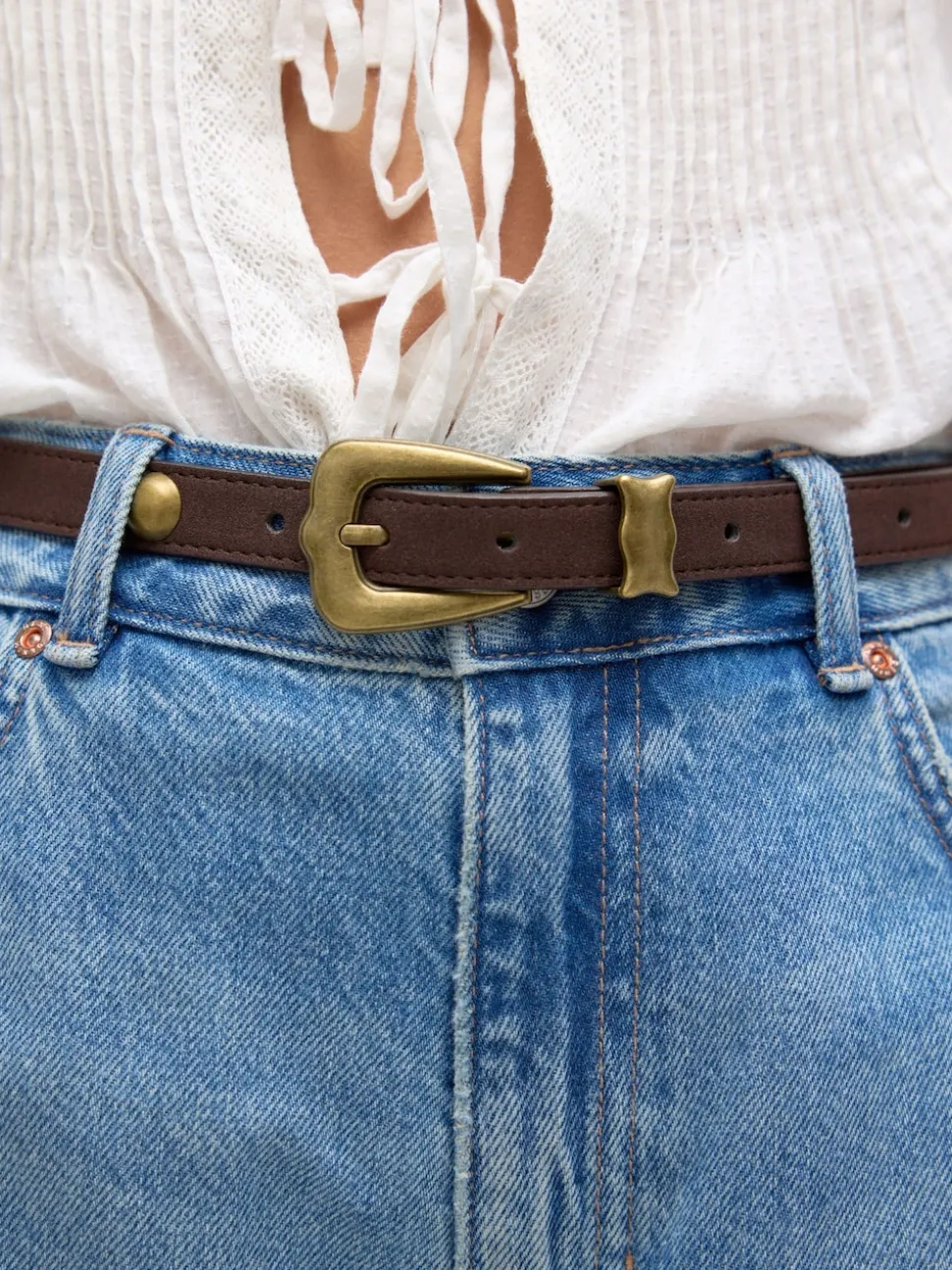 Marron chocolat - Ceinture fine à clous dôme en PU