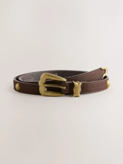 Marron chocolat - Ceinture fine à clous dôme en PU