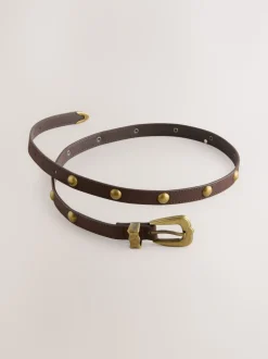 Marron chocolat - Ceinture fine à clous dôme en PU