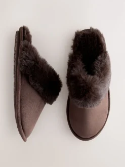 Marron chocolat - Chaussons mules en daim en fausse fourrure