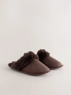Marron chocolat - Chaussons mules en daim en fausse fourrure