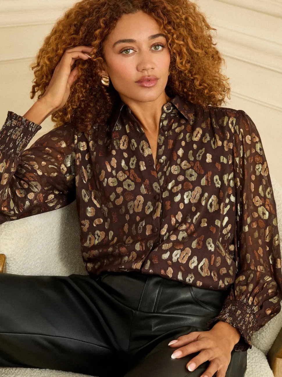 Marron chocolat - Chemise Love & Roses imprimée à manches longues
