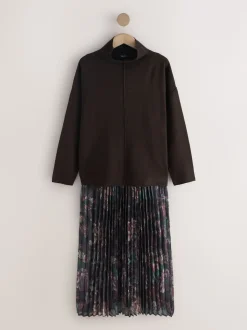 Marron chocolat à fleurs - Pull 2-en-1 en maille avec jupe mi-longue plissée
