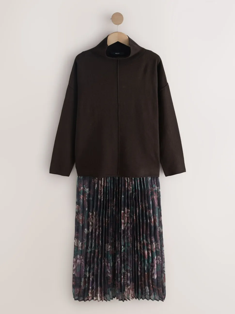 Marron chocolat à fleurs - Pull 2-en-1 en maille avec jupe mi-longue plissée