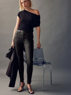 Marron chocolat - Jeans skinny en Denim enduit
