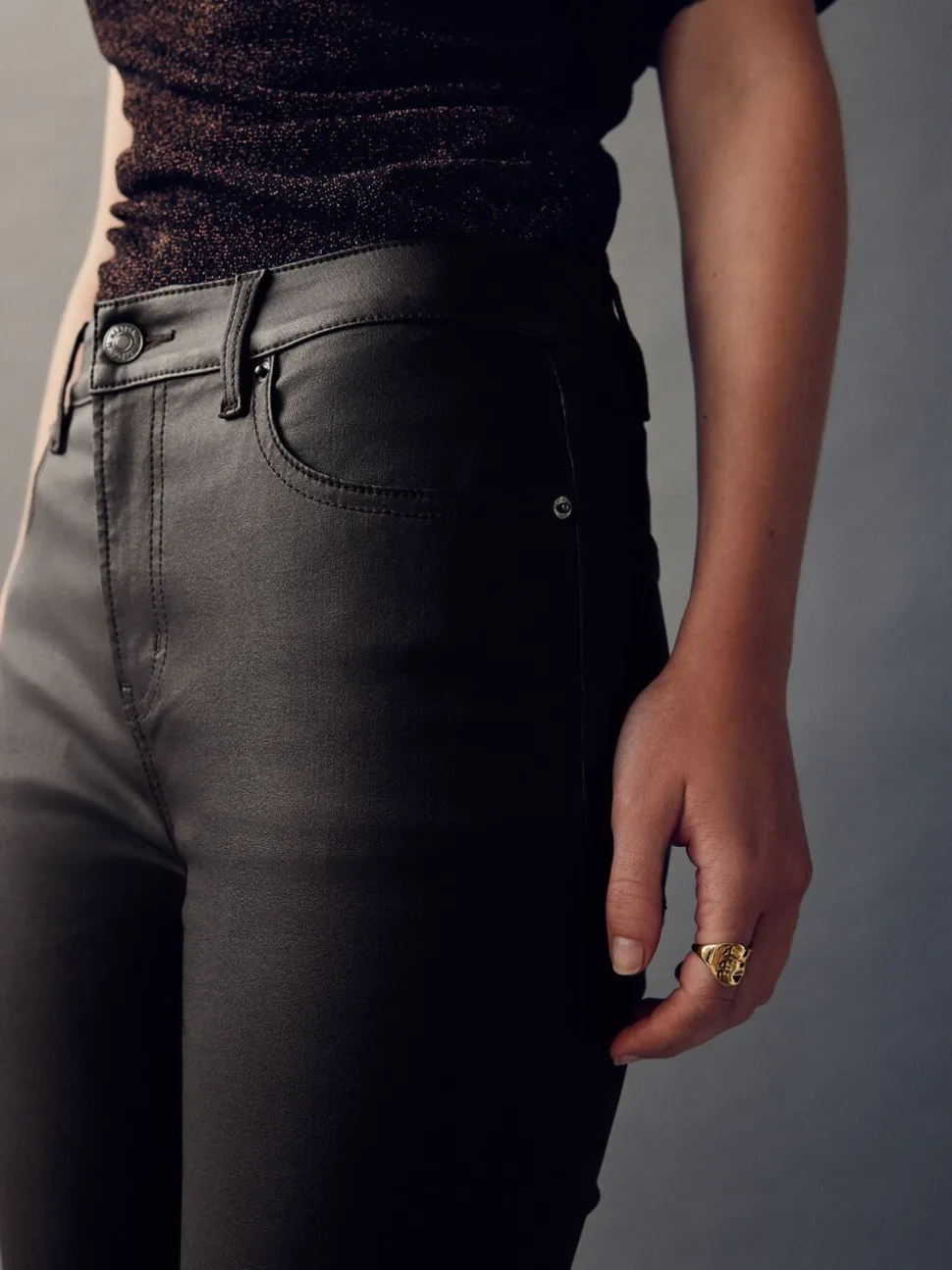 Marron chocolat - Jeans skinny en Denim enduit