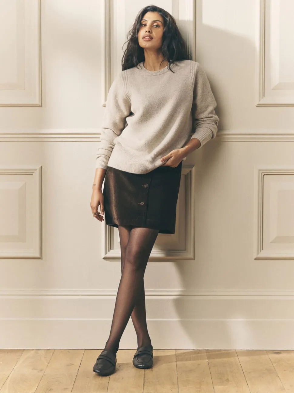 Marron chocolat - Jupe courte à carreaux Laura Ashley Dogtooth en laine