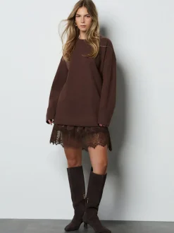 Marron chocolat - Jupe en dentelle pull 2en -1 douce